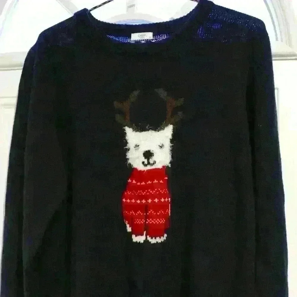 Navy Cotton Traders  Knit Sweater Holiday Puppy Dog Reindeer